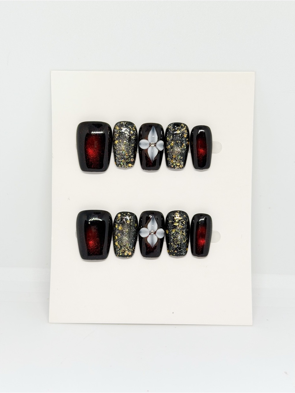 Black & Red Glitter Press-On Nails with Pearl Flower Accent